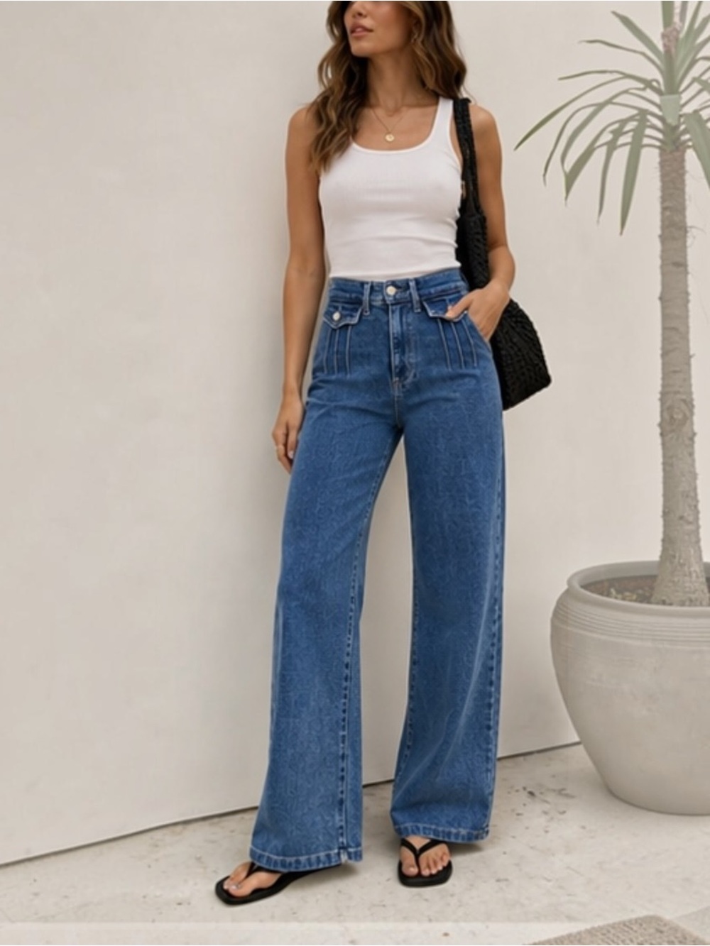 Le Jean Stardust High Rise Trouser Wide Leg Pintuck Jeans Denim 27